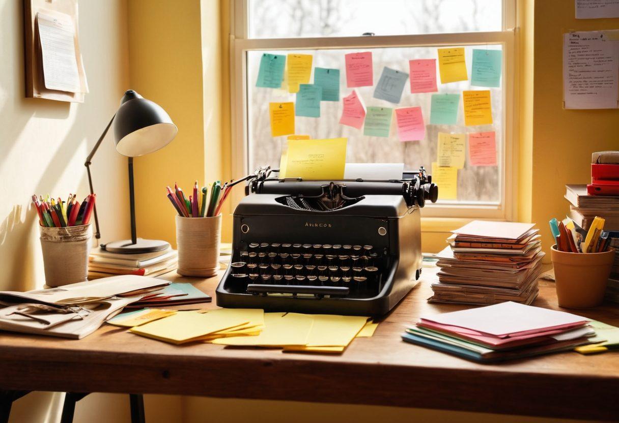 A creative workspace featuring a person passionately typing on a vintage typewriter surrounded by vibrant stacks of articles and books. The room is adorned with colorful post-it notes and a large bulletin board filled with ideas and inspirations. Sunlight filters through a window, illuminating the space with a warm glow. This scene captures the essence of artful content creation and publishing. super-realistic. vibrant colors. white background.