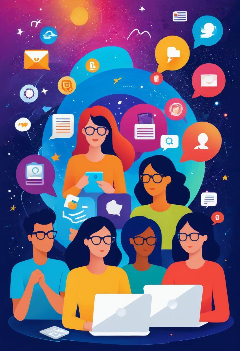 A whimsical illustration of a diverse group of bloggers sharing stories on digital devices, surrounded by vibrant icons representing different types of content like videos, articles, and pictures. The background features a swirling galaxy of ideas and creativity, symbolizing the blogosphere. Bright colors and a lively atmosphere create an engaging scene. vector art. vibrant colors.