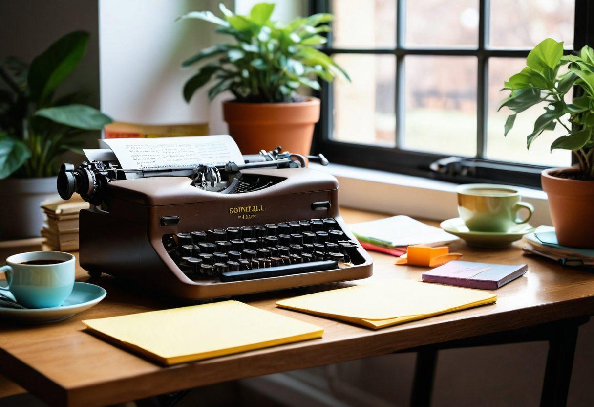 A serene workspace featuring a vintage typewriter, an open laptop displaying a beautifully designed journal website, colorful sticky notes with writing tips scattered around, a steaming cup of coffee, and a potted plant for a touch of nature. soft lighting, cozy atmosphere, warm color palette. super-realistic. vibrant colors.